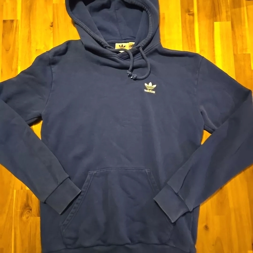 Vintage Adidas Men's Blue Pullover Hoodie Thick Cotton Retro 90s Streerwear